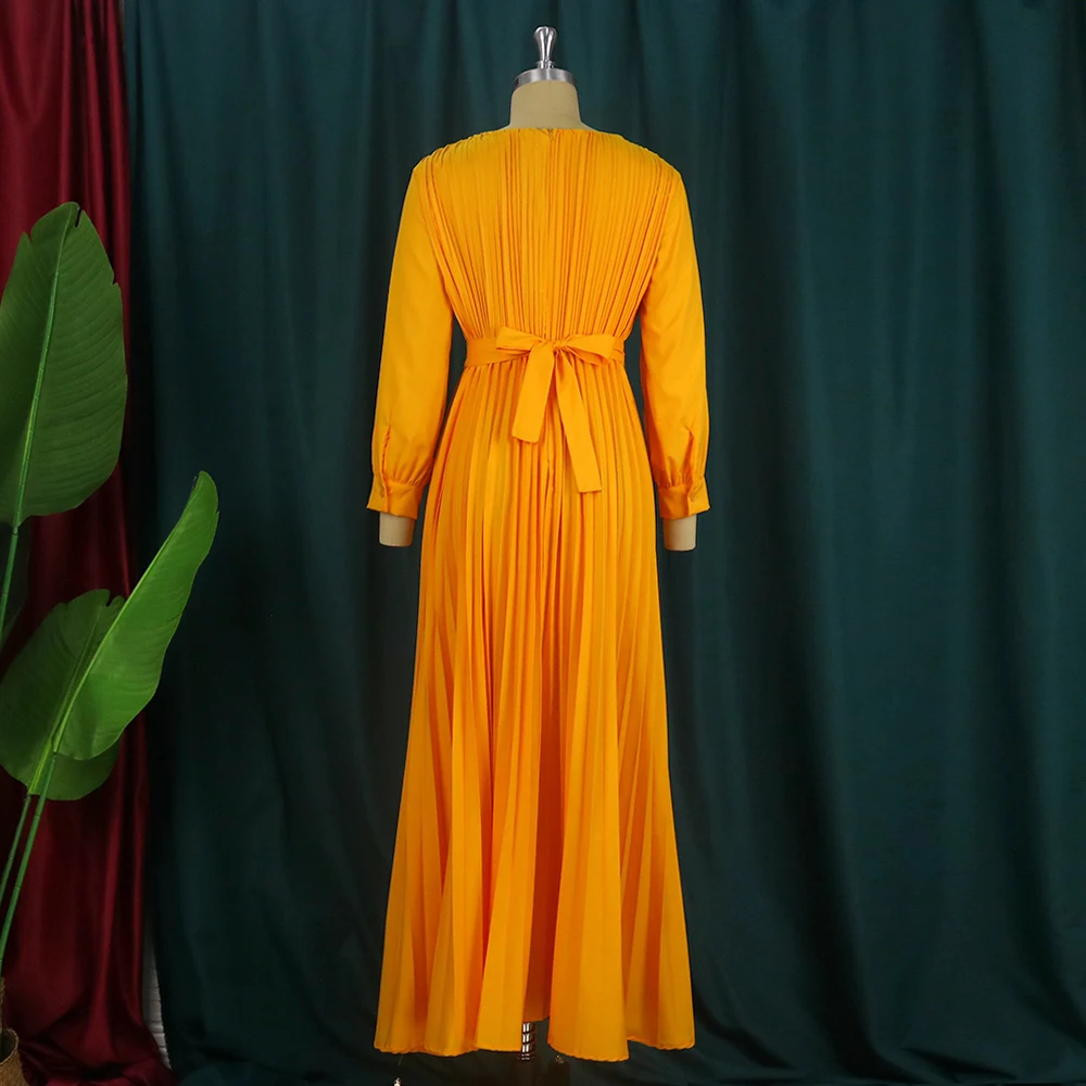 DP8117 New Design Temperament Tommuter Splicing High Waist Loose Long Dress Plus Size Womens Dress Pleated Dress With Free Belt
