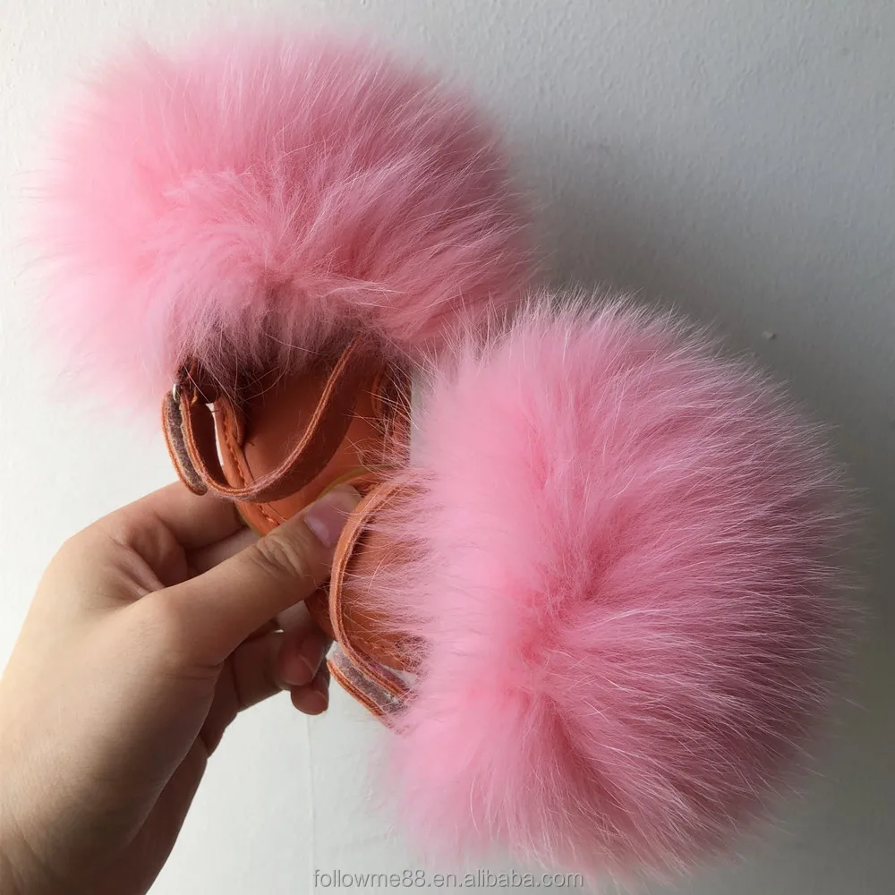 Детские шлепанцы на ремешке, радужные меховые сандалии, мех лисы, пушистый мех енота, шлепанцы, симпатичные меховые Тапочки