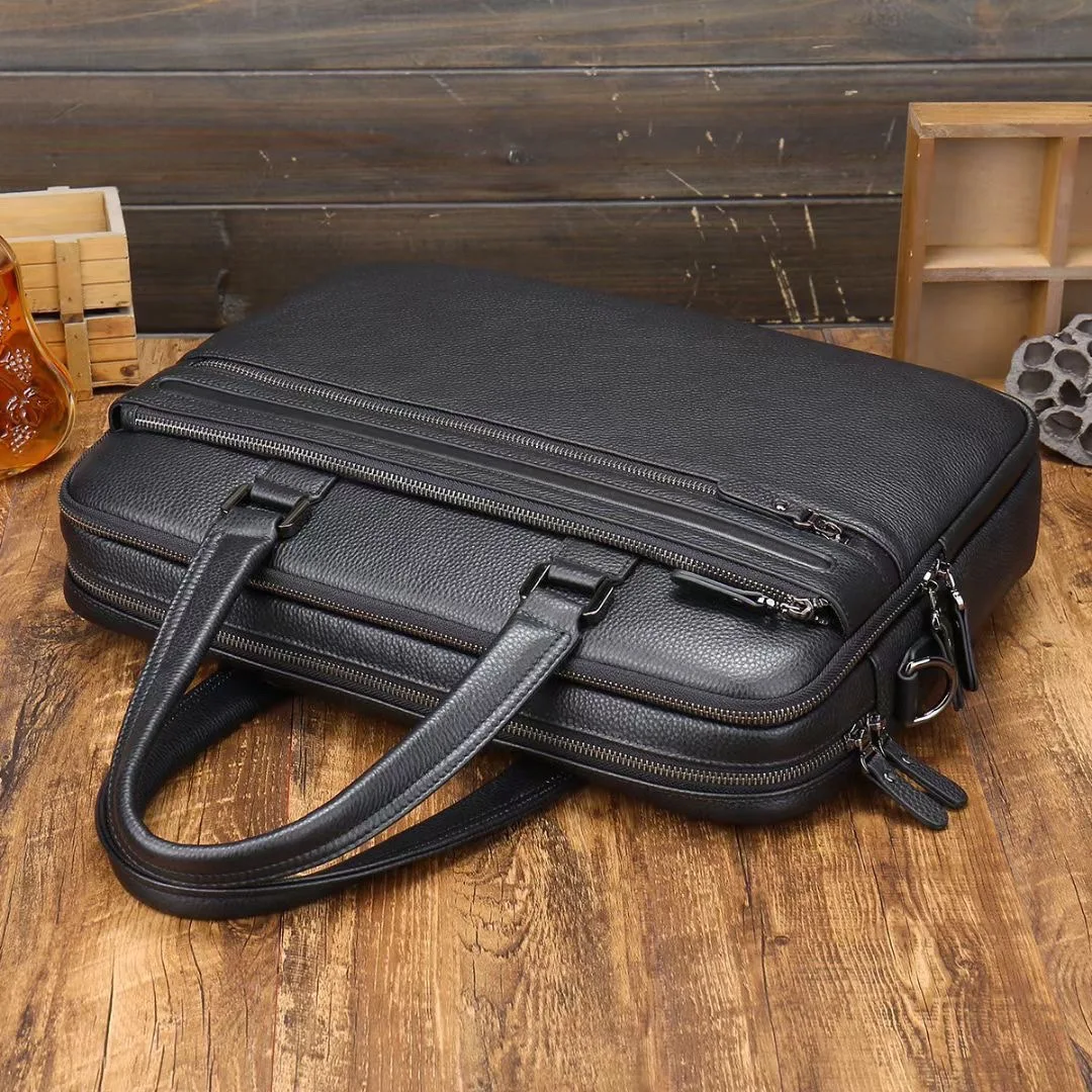 Cow Leather 15.6 Inches Case Messenger Business Bag for Office Man Real Black Pebble Genuine Leather Computer Laptop Briefcases