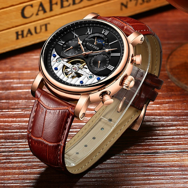 Brand KINYUED tourbillion watch mechanical leather mens automatic watch