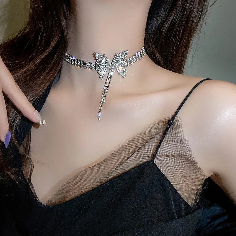 Glitter Butterfly Chain Luxury Gold Plated Rhinestone Necklace Full Diamond Chain Link Girls Fashion Jewelry Charm Choker