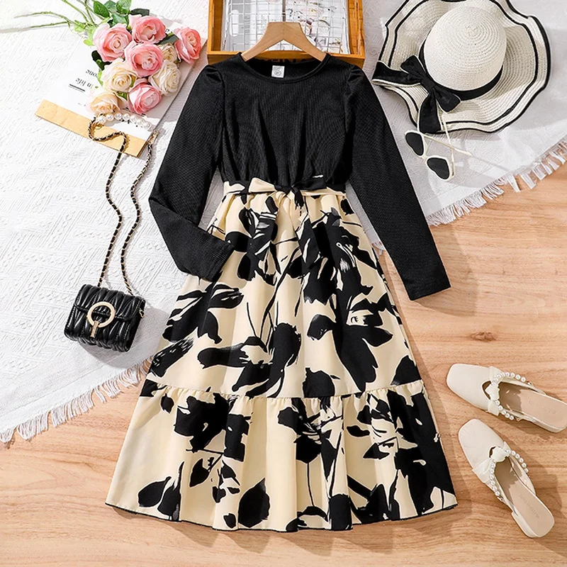 Wholesale Summer New Girls Dress 6-12 Years Old Fashion Print  Waist-exposing Princess Dress Black Flower Girl Dresses