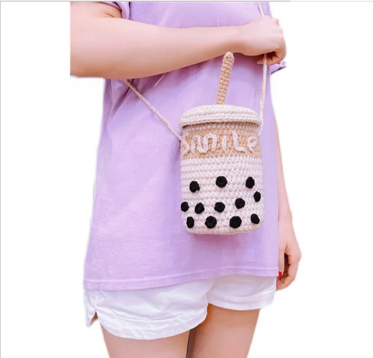 Wholesale Handmade Cute Shoulder Bag Crochet Knit Bubble Tea Boba Bag From  m.