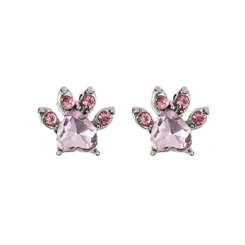 Hot cartoon cute animal footprints cat dog paw stud earrings Pink crystal zircon cat paw print earrings