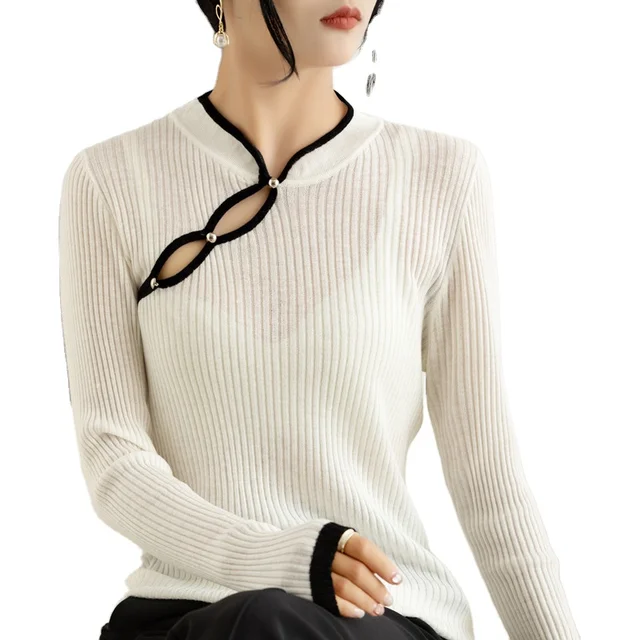 Autumn's Sexy Women's Sweater Chinese Style Oblique Placket Waist Knitted Casual Style Single Breasted Crew Neck Turtleneck