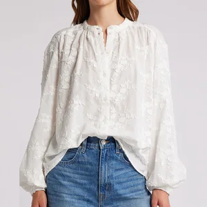 Customize Sweet Daily Shirt Style Casual Women's Long Sleeve Band Collar Solid Jacquard Floral Cotton Blouse