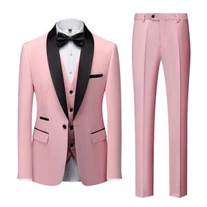 3-Piece Men's Business Suits Set Black and Green Fruit-Neck Waistcoat with Pants and Vest for Weddings and Ceremonies