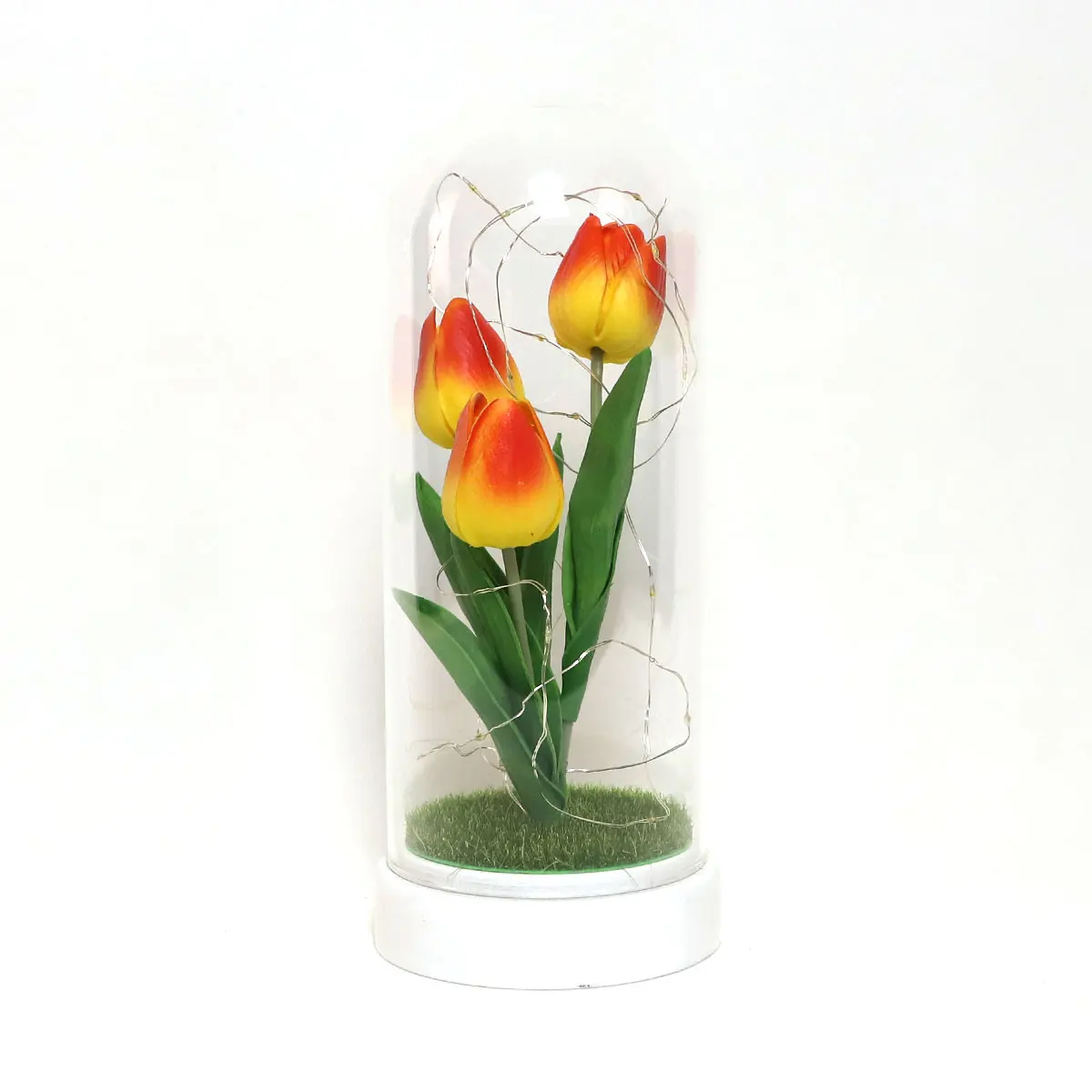 Factory directly sale led lighting up display glass dome battery operated shiny artificial tulip modern home decor