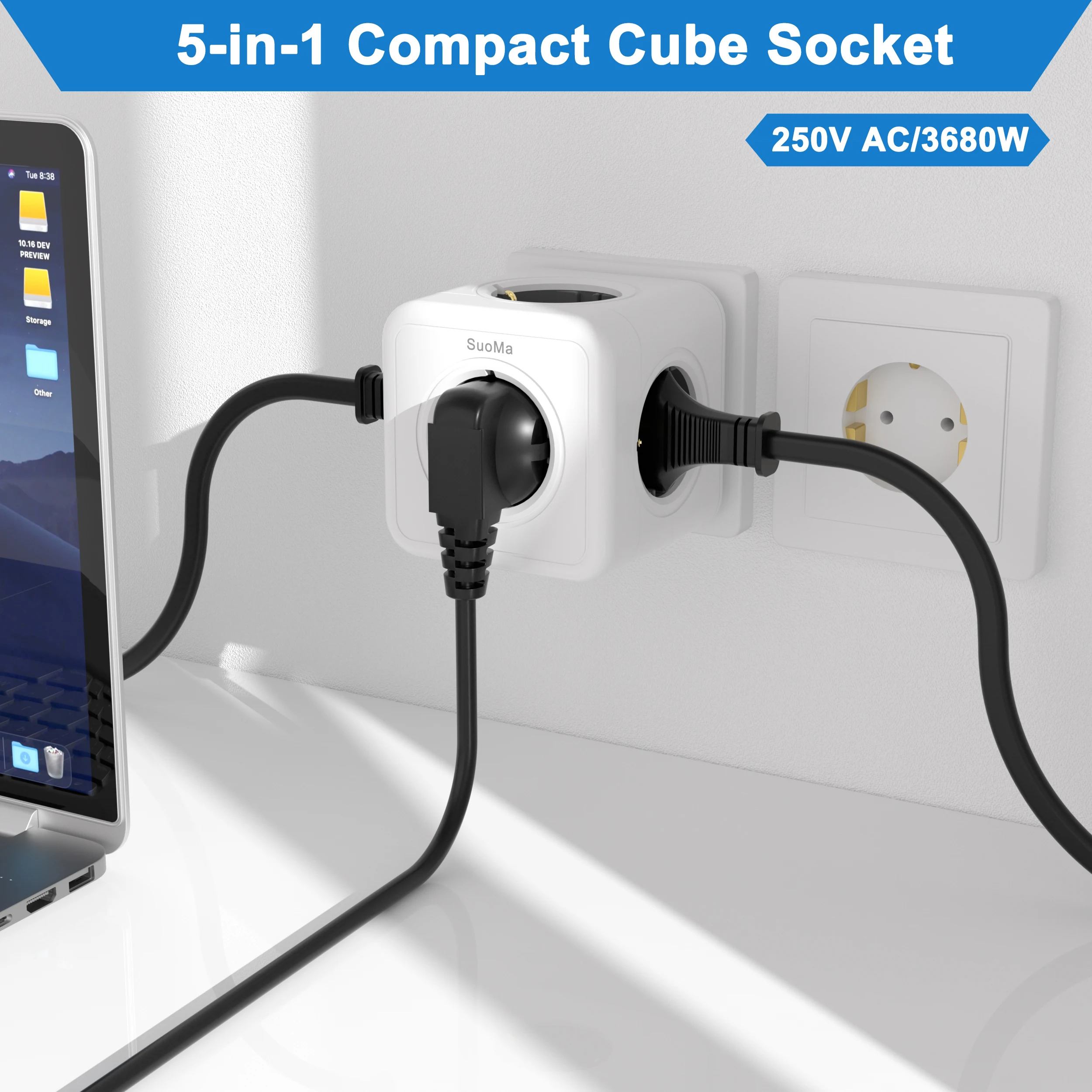Modern Design New 5 Pin/Outlets EU Multi-Extension Socket Power Board Industrial Wall Socket with 5 AC Outlets for Charging