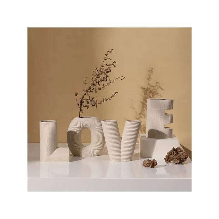 K&B Modern Nordic Morandi Style LOVE Letter Stripe Home Decoration Porcelain Flower Vase Home Goods Ceramic Vases