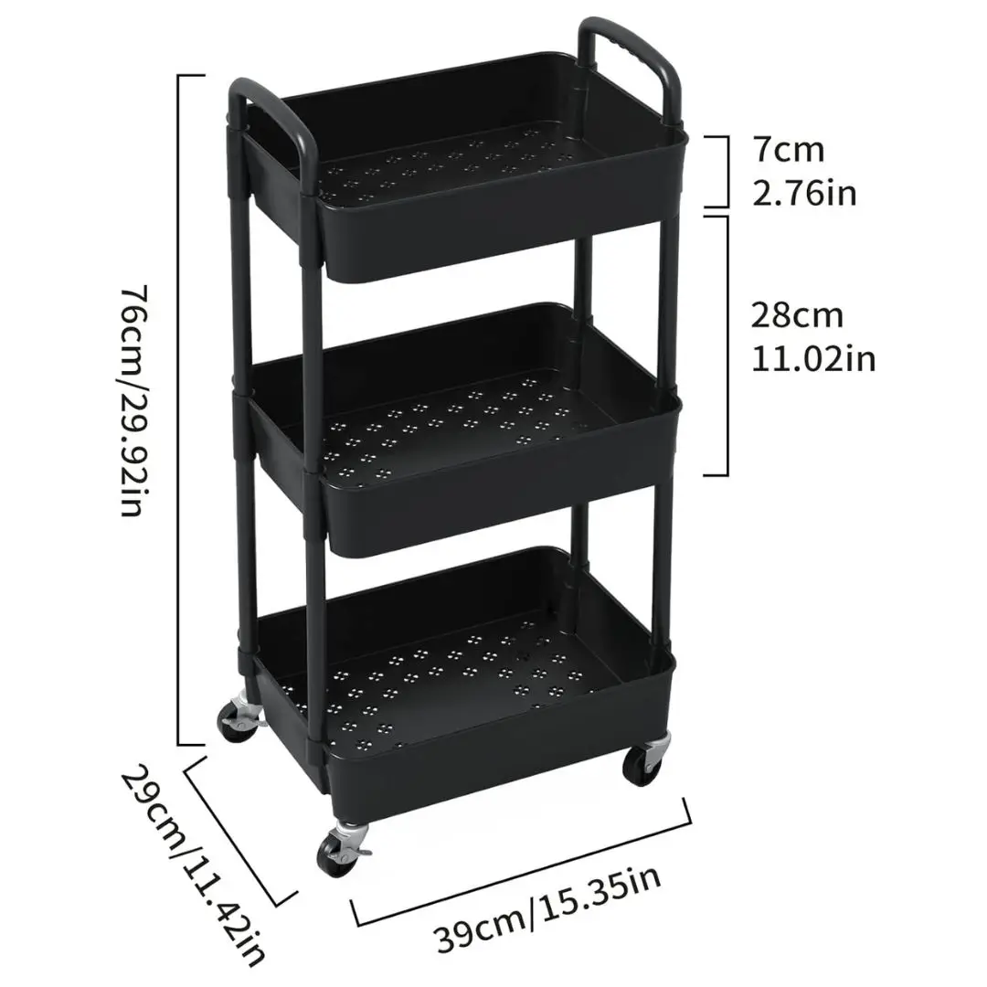 3 Tier Plastic Rolling Utility Cart with Handle Kitchen Organizer Storage Rack Kitchen 360 Rotating Fruit Basket