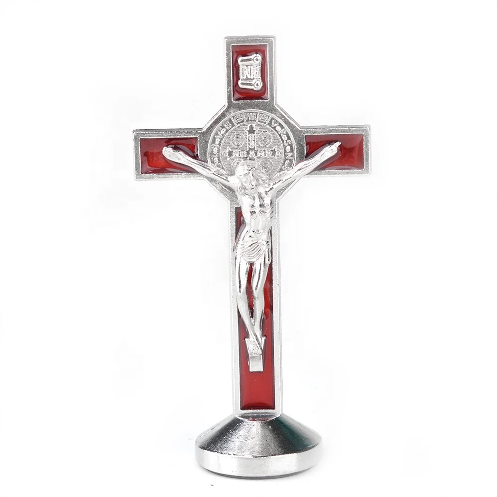 Small Table Jesus 80X42mm Cross Standing Crucifix  Metal Magnet Saint Benedict Car Auto Cross Crucifix  Statue with Base