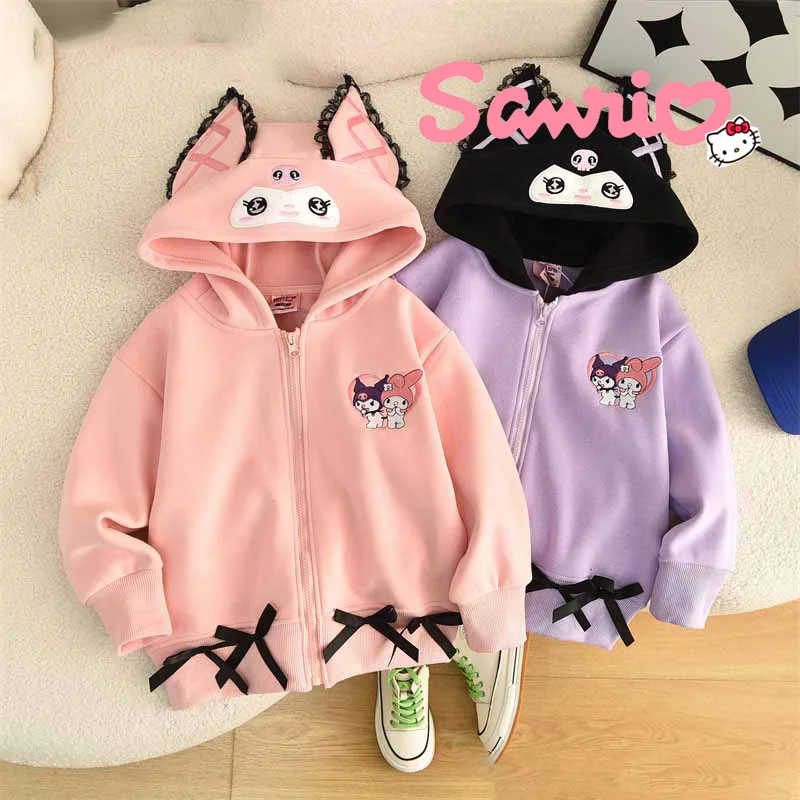 Sanrio Kawaii Kuromi Zip Up Hoodie Cartoon My Melody Autumn Winter Warm Jacket Girls Thickness With Plush Clothing Kids Gift