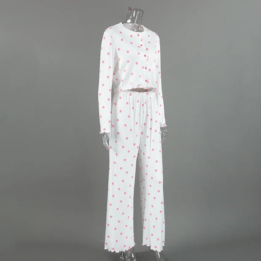 New autumn pajamas ladies' homewear long-sleeve trousers knitted printed comfortable cardigan — detail