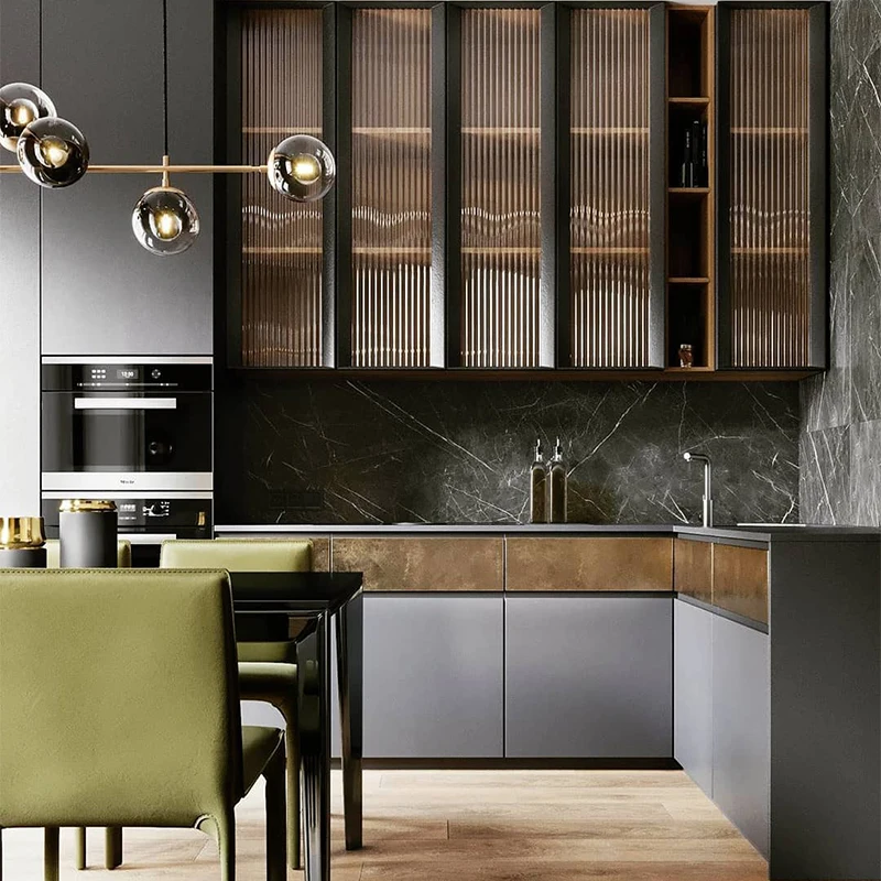 Italian Small Pull Down Mini Moduler Metallic Lacquered Brown Fiberglass Kitchen Cabinet Modern Kitchen Designs