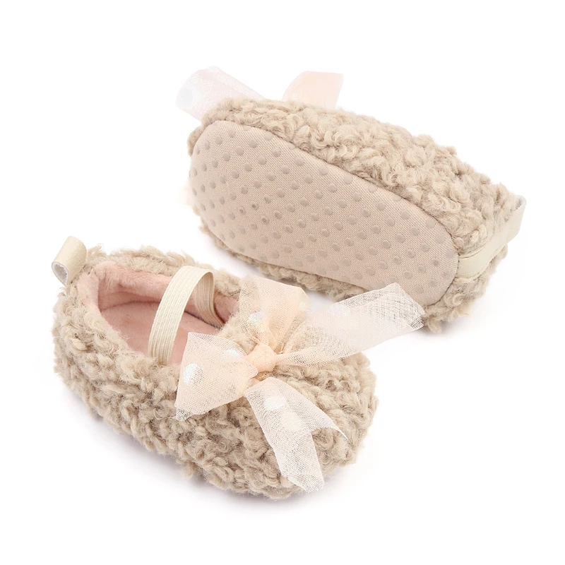 Baby Infant Toddler Girls Cotton Soft Sole Plush Bow Flower Slippers Slip on Mary Jane  Dress Shoes Princes Shoes Gift details