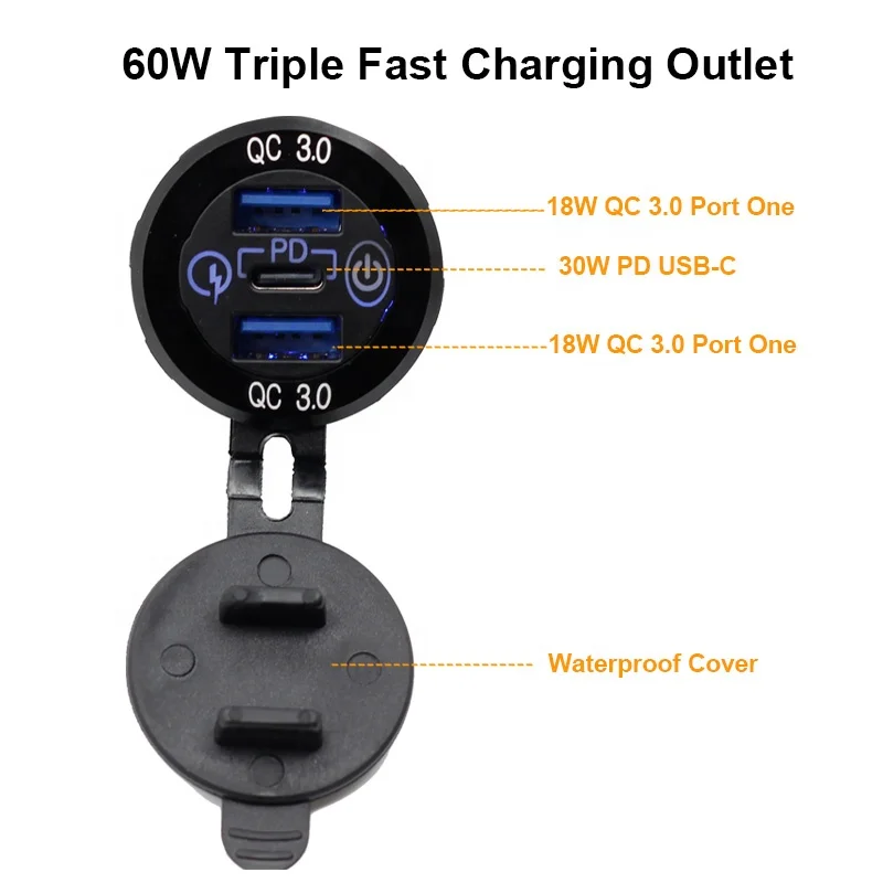 Caricabatterie Per Auto In Alluminio A Doppia Porta USB 12-24V Con Tripla Presa USB 18W QC 3.0 E PD 30W Tipo C 12-24V Adattatore Per Auto - Foto 9
