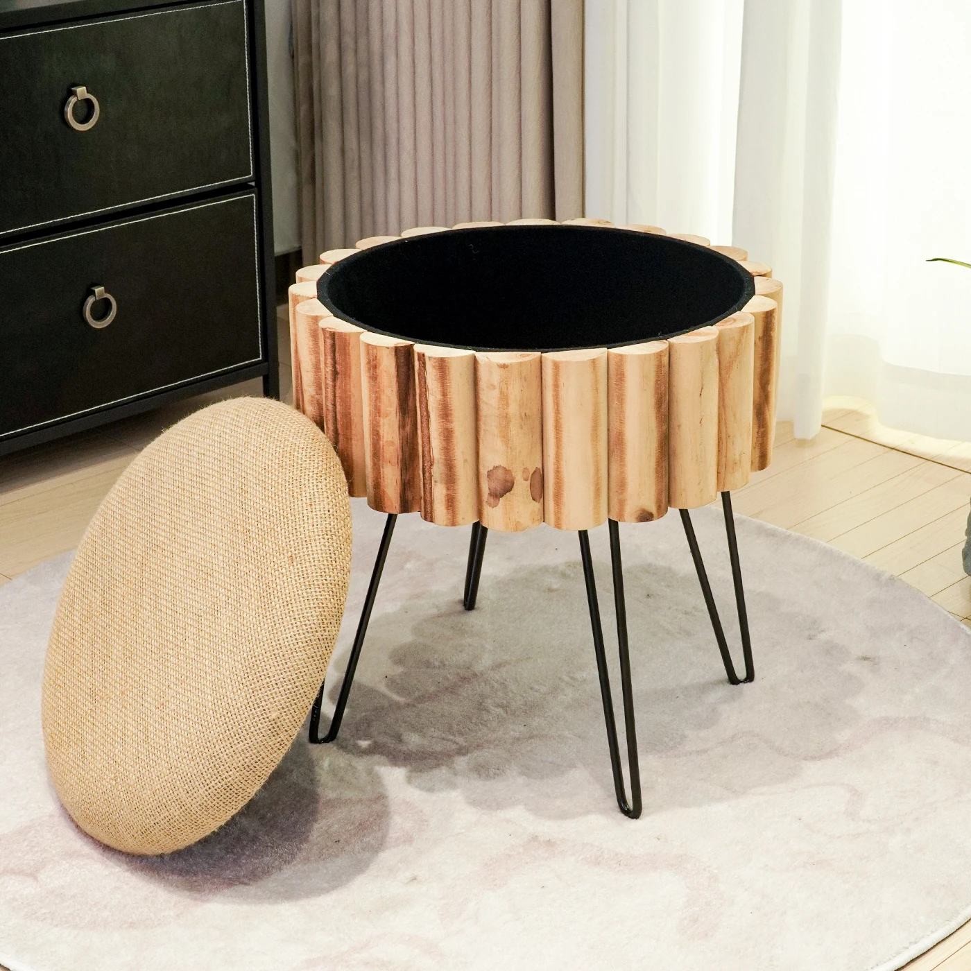 Functional Space Saving Velvet Pouf Round Green Fabric Storage Bench Ottoman Stool