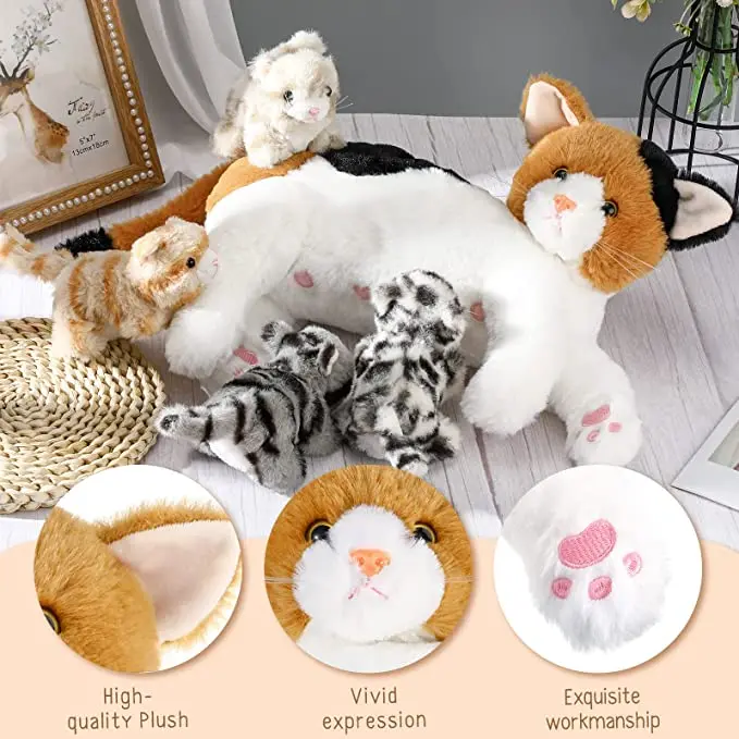 weiche mama katze mit 4 baby katzen plüsch spielzeug set für mädchen und  jungen entzückend pflege katze stofftier mit plüsch kätzchen