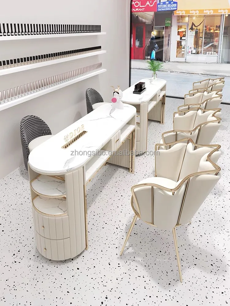 Luxury Stainless Steel Marble Tabletop Manicure Table With Chairs Can