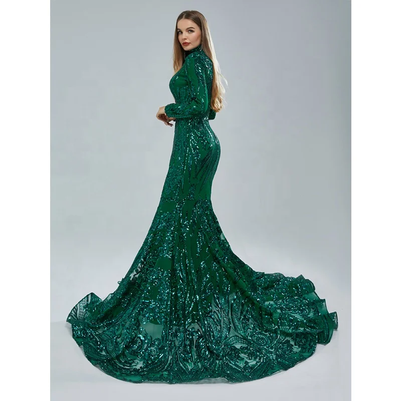 knee length dresses for ladies Clarice Emerald Green Sequin Long Sleeve Bodycon Maxi Dress