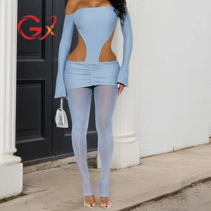 GX0290 Fashion Night Club Clothing Boutique Long Sleeve Off Shoulder Bodysuit One Piece Cut-Out Mesh Patchwork Jumpsuit Women