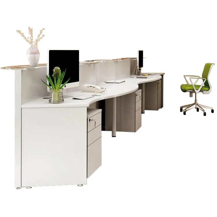 White cheap office reception desk with chairs for big office