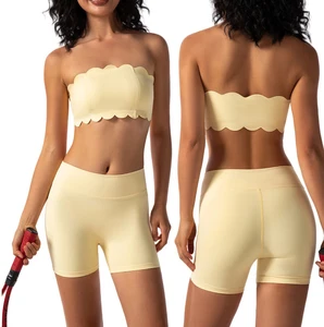 Custom Lace Fitness Wear Set Tube Tops with Chest Pad Shockproof Yoga Bra Length Shorts