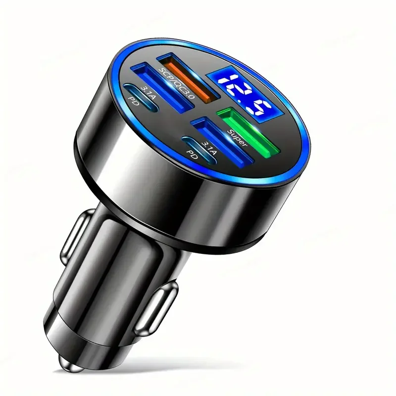 6-in-1 Car Charger with QC3.0 Fast Charge, USB Type-B, Matte Finish, Cigarette Lighter Powered