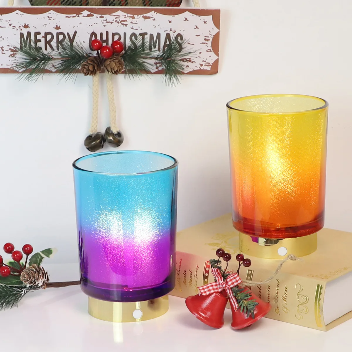 Colored glass Votive Candle Cover Electric holiday Centerpiece lantern with LED lights inside