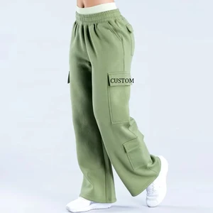 Women Custom Wide Leg Sweatpants Joggers Button Decoration Logo Pattern Long Sleeves Thick Knitted Cargo Pants Washed Technics