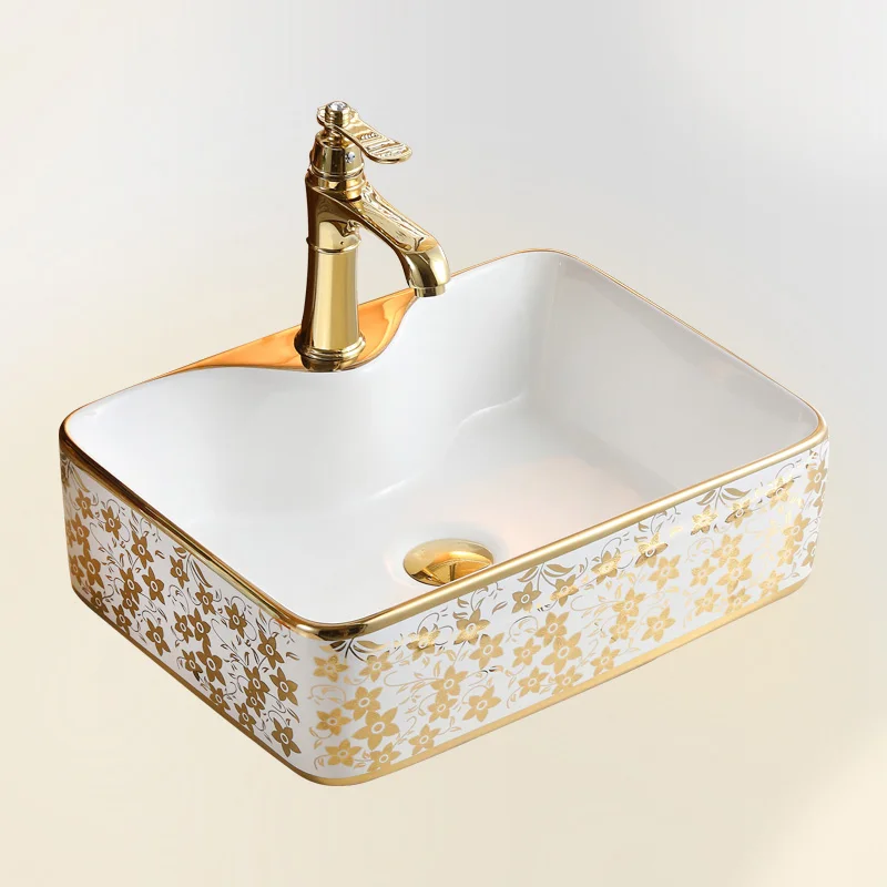 Modern Square Hand Wash Basin Lavabo Ceramic Gold Color Plated Countertop Bathroom Sink