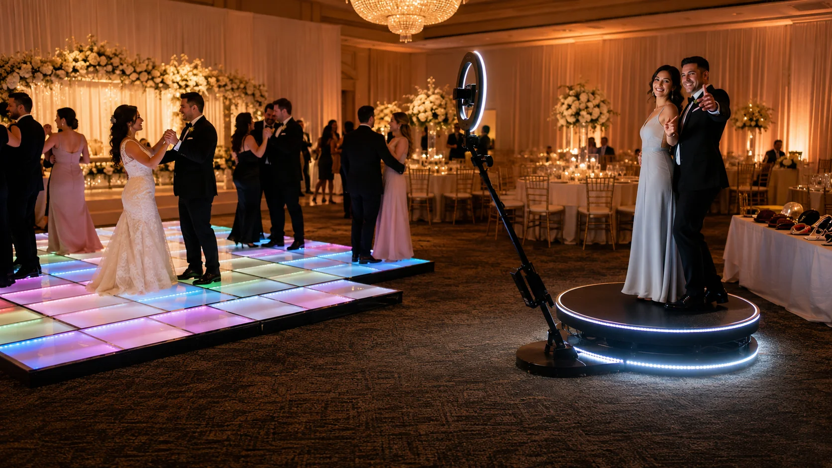 A wedding reception featuring an LED dance floor and a 360 photo booth working side by side