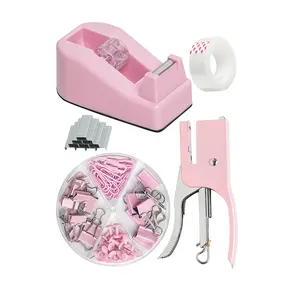 Versatile Office & Student Stapler Set Hand-Held L Size 1 Pink Metal Stapler 1 Tape 1 Pizza Box 1 Box Staples-Manual Power