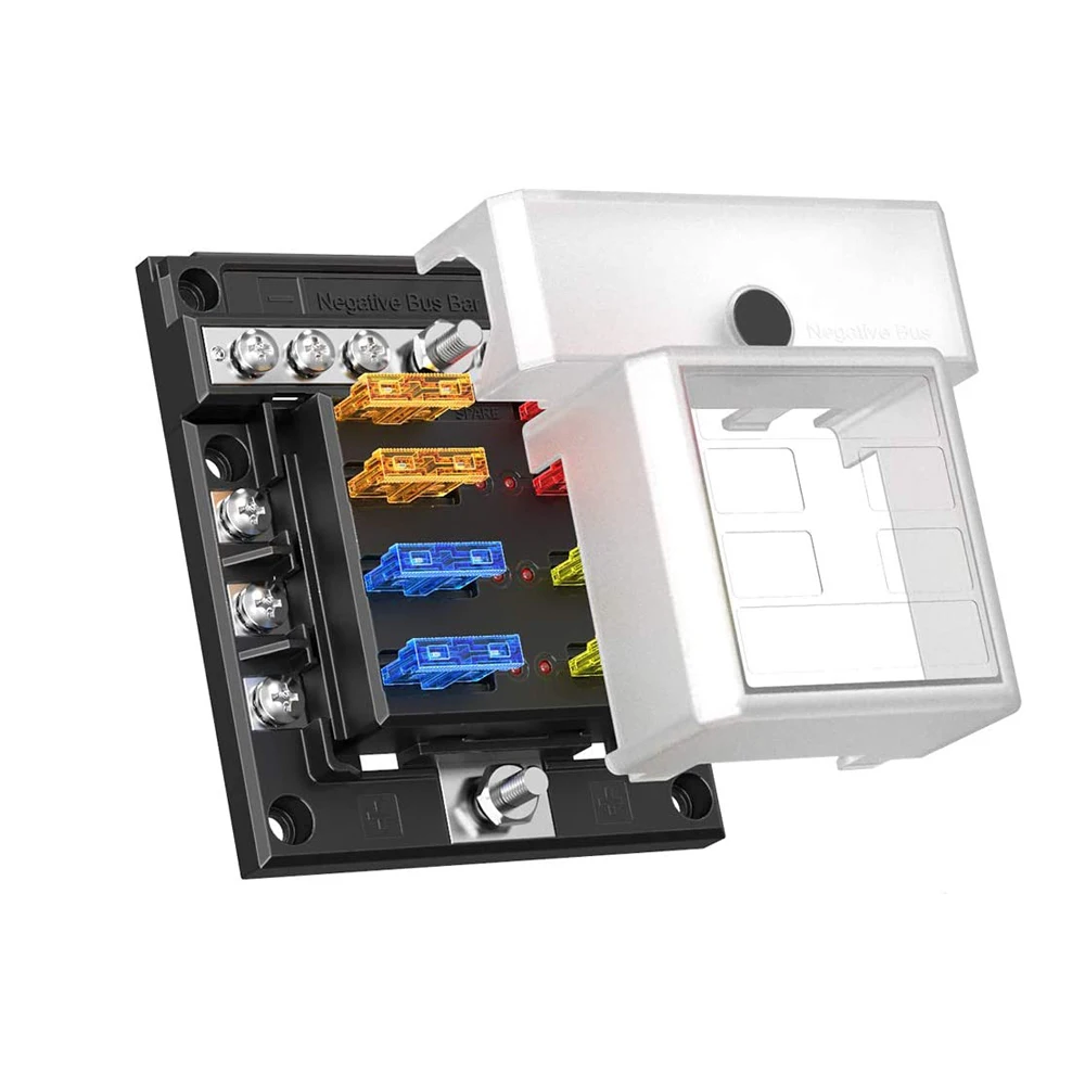 Amomd 6 Way Screw Fuse Block Combine Modular Design Fuse Holder Case Box With 6 Way Negative Bus Bar
