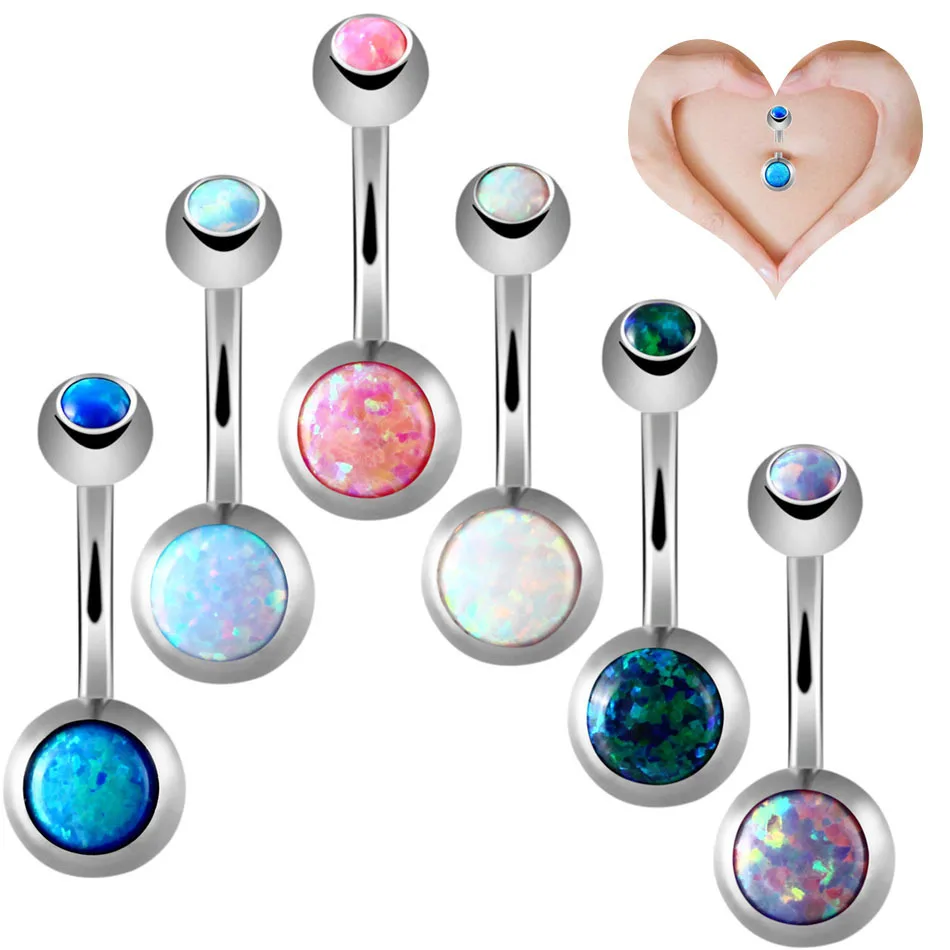 Opal Stone Gem Belly Ring Surgical Steel Navel Belly Button Bar Body Piercing