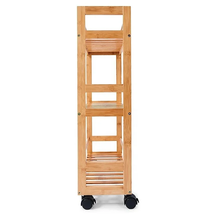 3 Layer Movable Corner Bamboo Bathroom Kitchen Storage Shelf Rack with Wheel