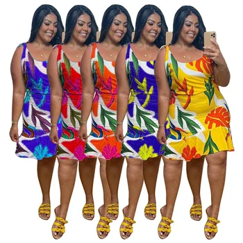 Summer New Casual Plus Size Women's Dress Mid-Length Waistline Sleeveless Floral Digital Print Washable Lady Clothing XXL