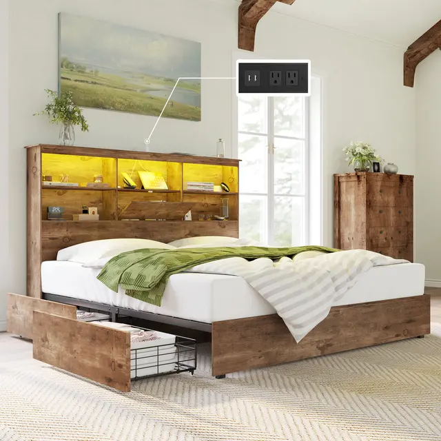 DB460 wooden bed model furniture design bookcase with light rustic smart full queen size bed frame with 4 storage drawers