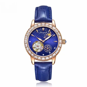 New Female Watch Fashion Lady Alloy Leather Watch Blue Women's Mechanical Wrist Watch Girls