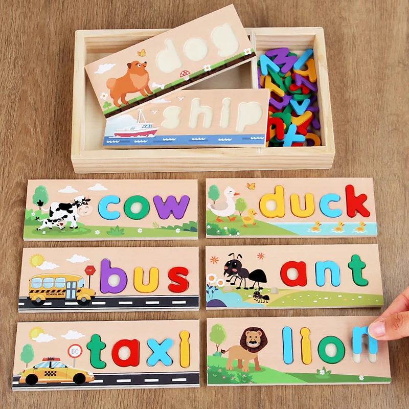 Wooden Enlightenment Match Wooden Box Spelling Word Game Children's Early Childhood Education Letter Recognition Puzzle for Kids