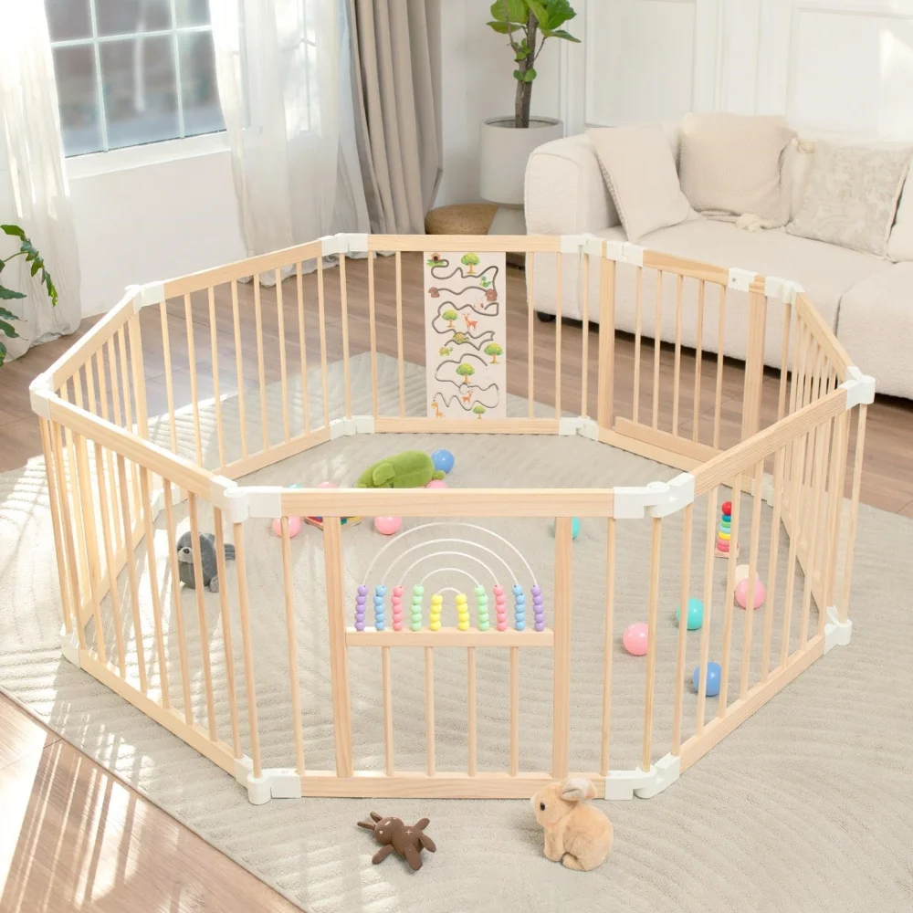 Houten Box Voor Baby's en Peuters, Opvouwbare Babybox, Kinder Activiteiten Speelbox, Groot Babypen, Kruiprooster Speelhek, Duurzaam Ademend Babybox, 61cm Hoogte,200x200cm
