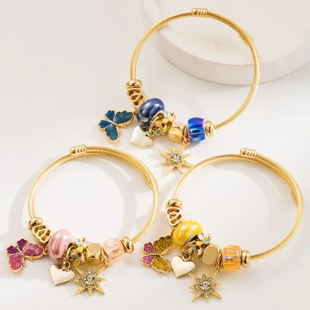 Hot Sale Gold Plated Colorful butterfly  Charm Bracelet Adjustable Stainless Steel Hexagram Pendant DIY Bangle Bracelet for Girl