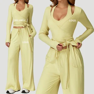 Custom logo Women's Sportswear Gym Clothes Halter Neck Sports Bra Active Leggings Longsleeve Top Gym Fitness Sets Yoga Sets