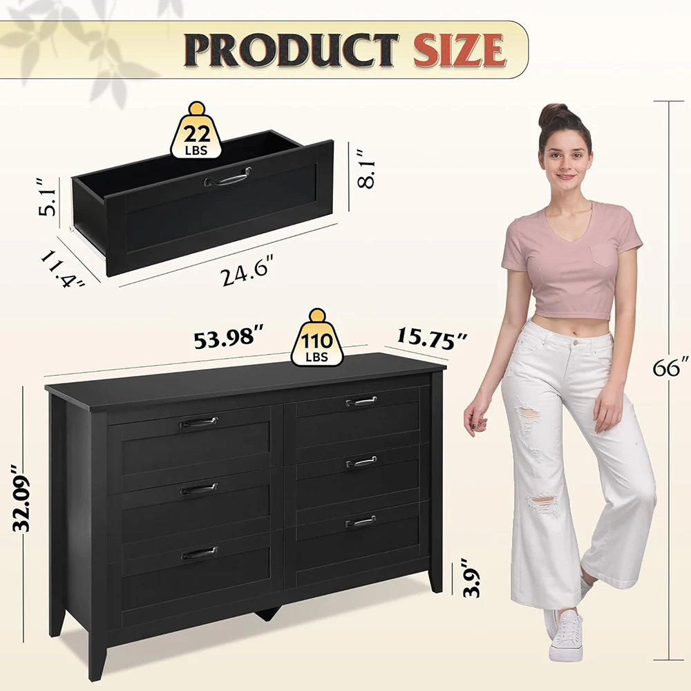 product nu deco modern black wood dresser with 6 drawers and metal handles large chest of drawers for bedroom storage-3