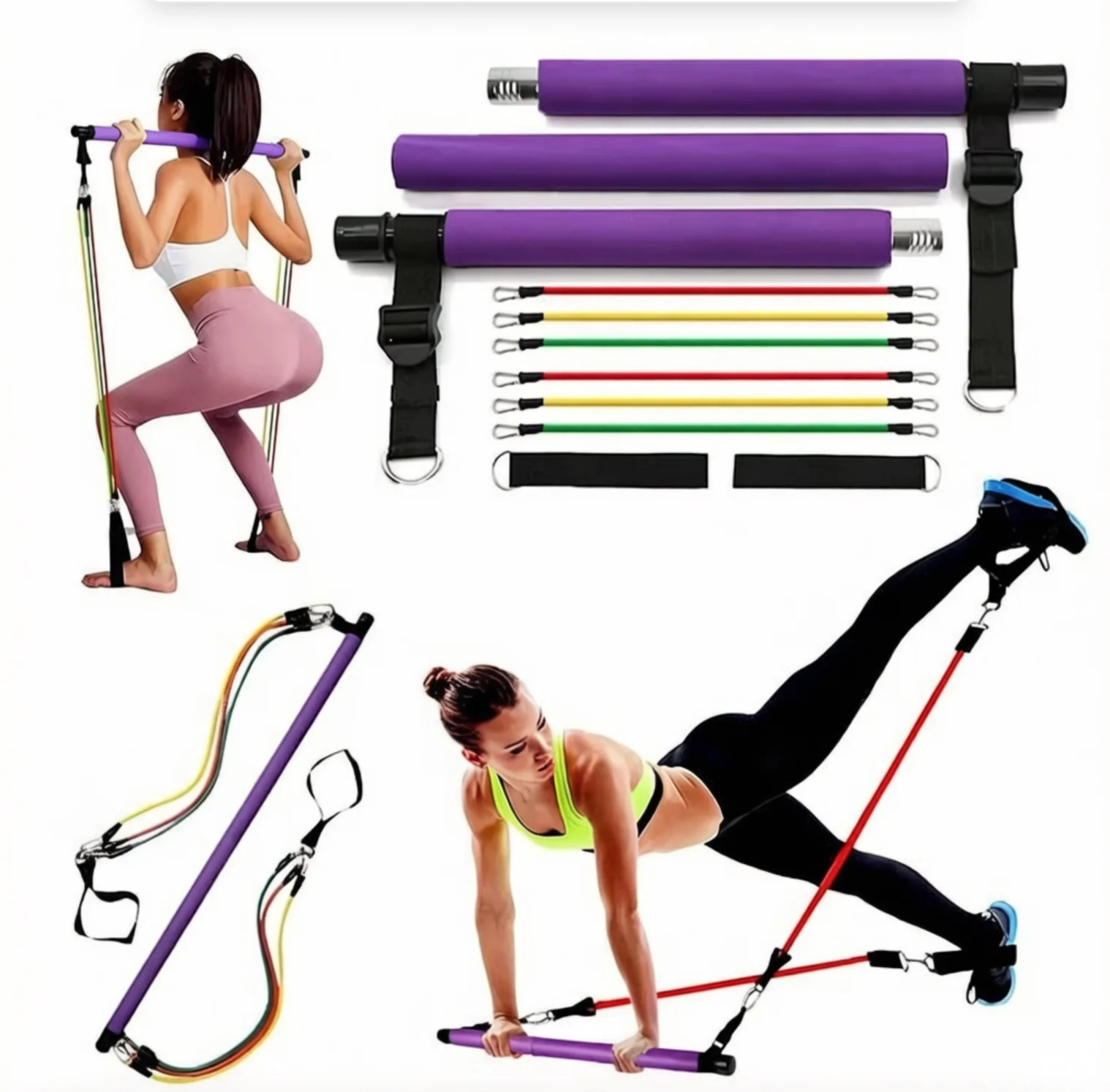 MORU Multifunctional Portable Pilates Bar Kit With Adjustable Resistance Bands Home Gym Yoga Exercise Body Shaping Fitness Set