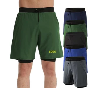 High Quality Men's Solid Elastic Mid-Waist Double Layer Breathable Quick Drying Sports Training Shorts