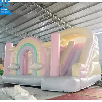 Kids Commercial Grade PVC Inflatable Pastel Rainbow Bounce House Jumping Bouncy Castle Bouncer Bounce House With Slide