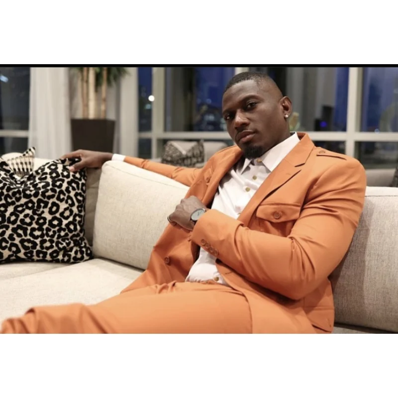 ファッションマスタードカラーメンズスーツダブルブレスト花婿