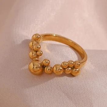 Summer Jewelry V Shape Beads Ring 18k Gold Plated Stainless Steel Statement Rings For Women